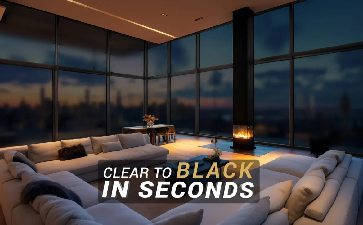 An ultra-wide shot of the living room in an empty luxury penthou