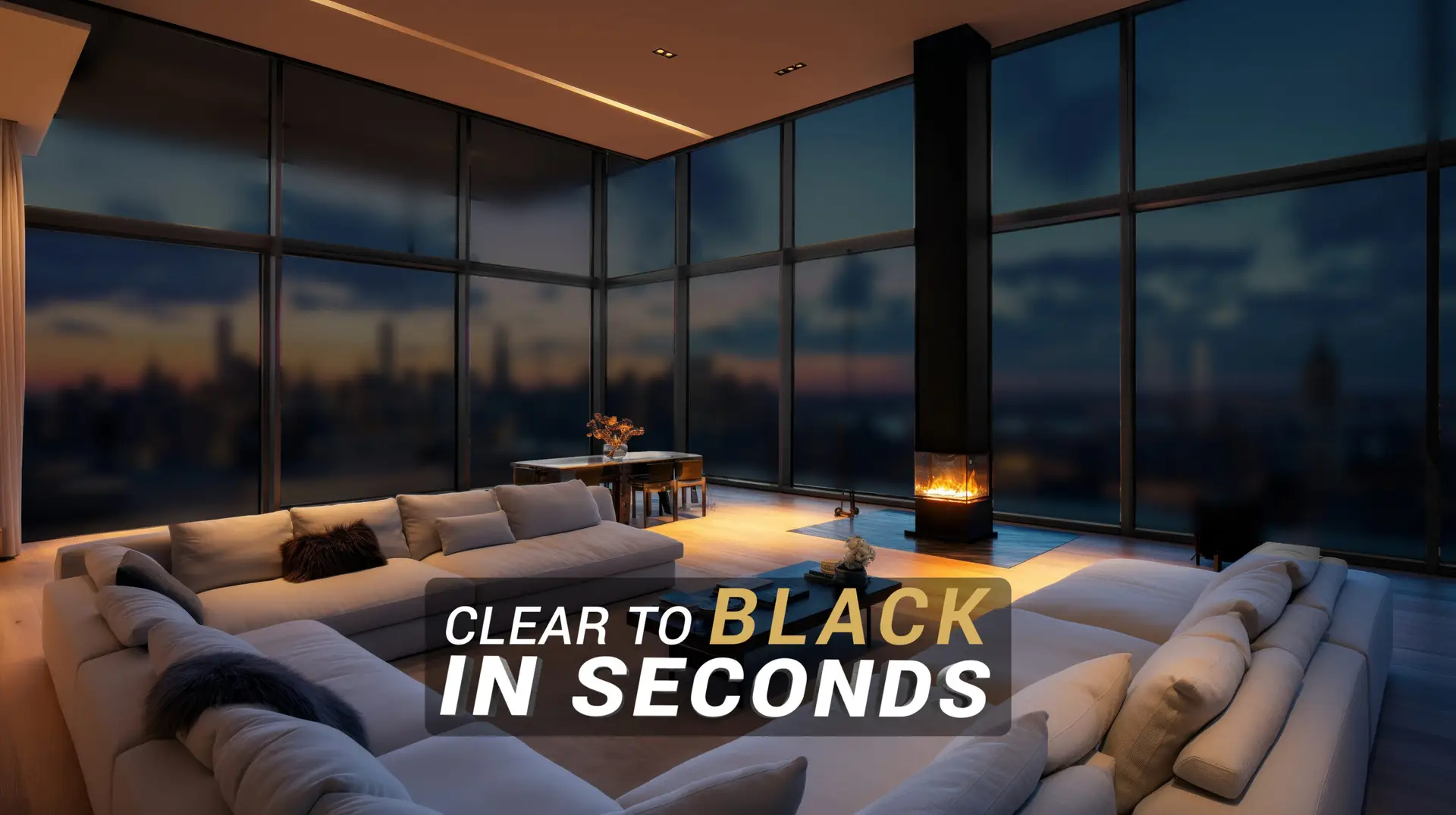 An ultra-wide shot of the living room in an empty luxury penthou